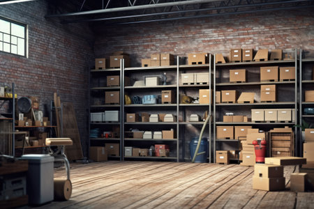 Warehouse interior with boxes and tools. 3d rendering toned imageの素材