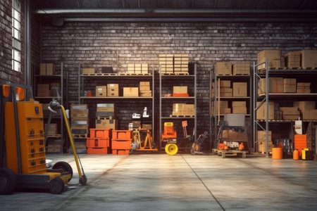 Warehouse interior with shelves and boxes. 3d rendering toned imageの素材