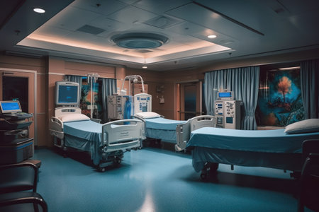 Interior of a hospital room with empty beds. Nobody inside.の素材