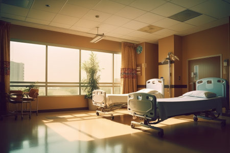 Hospital room with patient bed and window on background. Vintage toneの素材