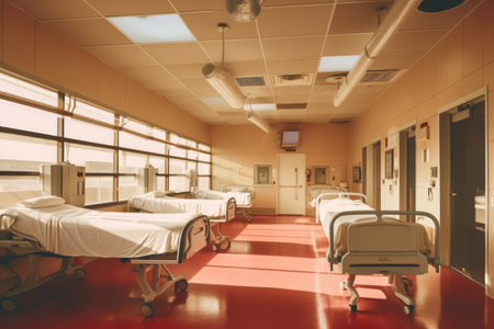 Interior of a hospital corridor with beds and tables, tonedの素材