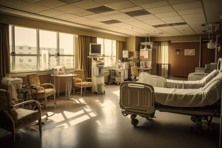 Interior of a hospital room with a bed in the foreground.の素材