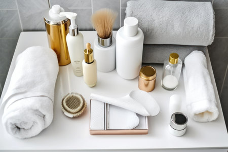 Set of cosmetic products on white dressing table in bathroom, closeupの素材