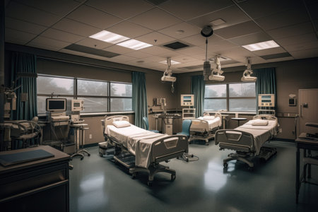 Interior of a modern hospital room with empty beds. Toned.の素材