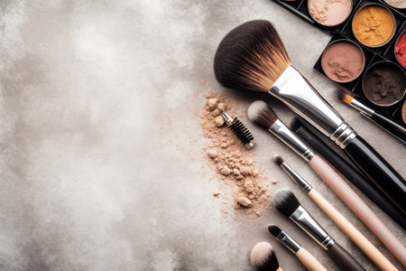 Makeup brushes and cosmetic powder on stone background. Top view with copy spaceの素材