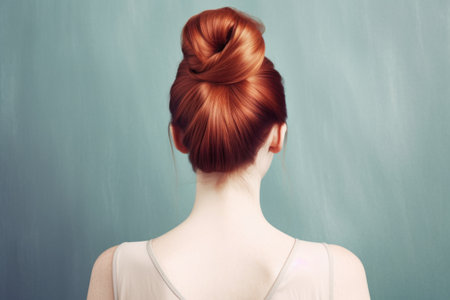 Rear view of a young woman with red hair on a blue backgroundの素材
