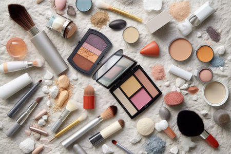 Different makeup products on white background, flat lay. Space for textの素材