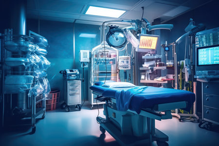 Equipment and medical devices in operating room take with art lighting and blue filterの素材