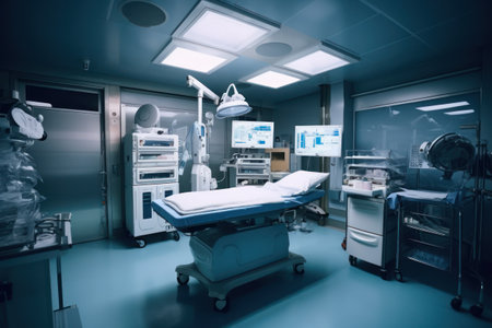 equipment and medical devices in modern operating room take with art lighting and blue filterの素材