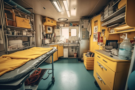 Interior of a modern ambulance with emergency equipment. Toned.の素材