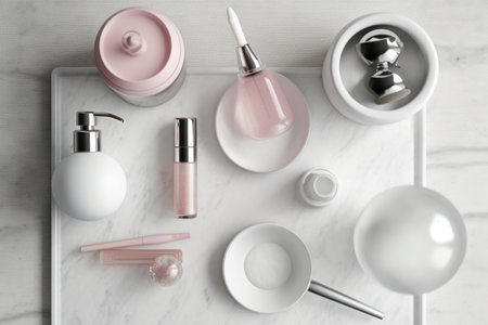 Cosmetic branding, toiletries and make-up concept - Make-up productsle table, top viewの素材