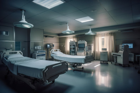 Interior of a modern hospital room with medical equipment. Toned.の素材