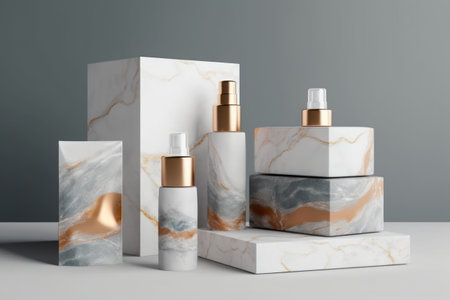 3d render of beige and brown cosmetic bottlele podiumsの素材