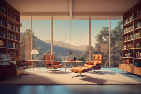 Interior of a living room with a panoramic window overlooking the mountains. 3d renderingの素材