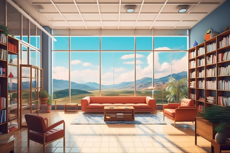 Interior of modern living room with panoramic window. 3d renderingの素材