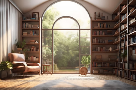 Interior of a living room with a large window and a bookcase. 3d renderingの素材