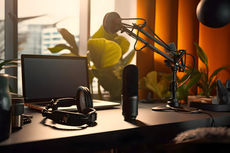 Professional microphone and headphones on table in recording studio. 3d renderingの素材