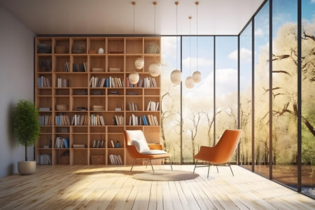 Interior of modern living room with panoramic window, orange armchair and bookshelves. 3D Renderingの素材