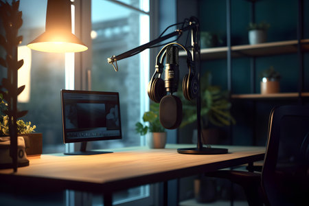 Microphone on a desk in the office. 3d rendering.の素材