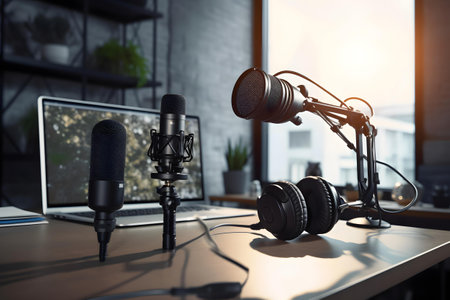 Professional microphone and headphones on table in recording studio. 3d renderingの素材