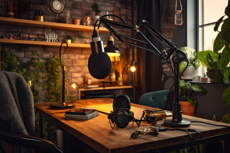 Professional microphone and headphones on the table in the room at home.の素材