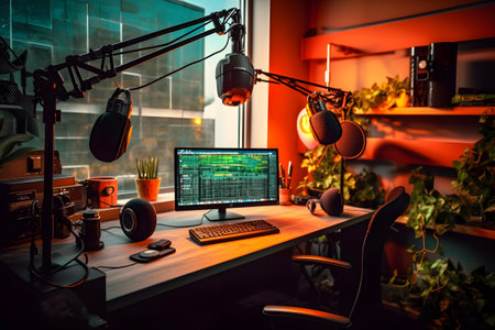 Professional microphone and desktop computer on table in recording studio or radio studioの素材