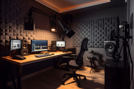 Interior of recording studio with professional equipment. 3D rendering.の素材