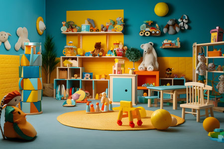 Children's room with toys on the floor. 3d rendering.の素材