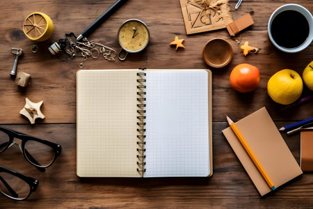 top view of notepad with cup of coffee and stationery on wooden tableの素材