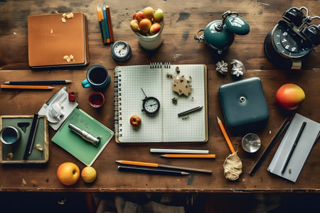 Top view of a wooden table with an open notebook, coffee cup, alarm clock, pencils and other items.の素材