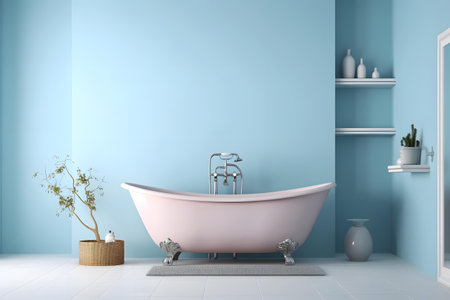 Bathroom interior with blue walls, tiled floor and white bathtub. 3d renderの素材