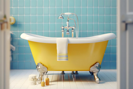 3d render of yellow bathtub in a bathroom with blue tilesの素材