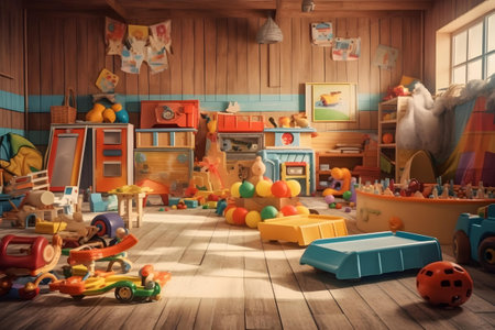 Children's room with toys on a wooden floor. Wooden background.の素材