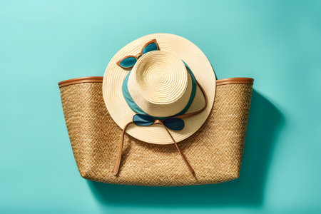 Straw hat, sunglasses and wicker bag on turquoise backgroundの素材