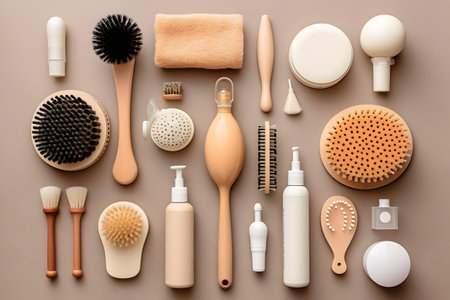 collection of beauty and spa objects on brown background. each one is shot separatelyの素材