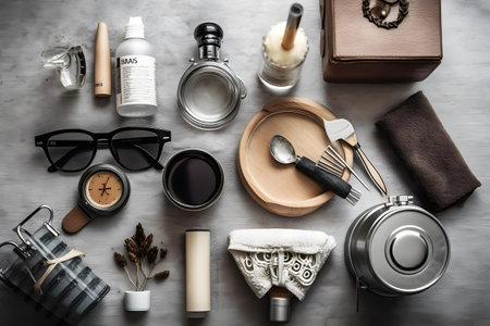 Flat lay composition with different men's accessories on grey wooden tableの素材