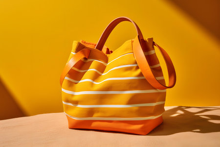 Orange striped beach bag on yellow background. Minimal summer concept.の素材