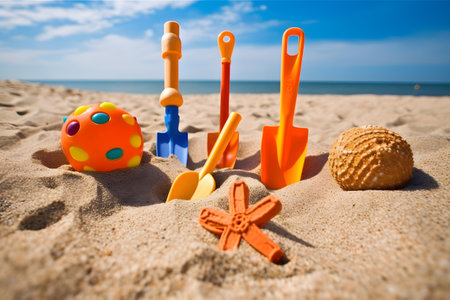 Sand toys on the beach. Selective focus. Holiday concept.の素材