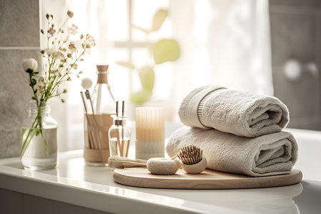 Bath accessories on table in bathroom, space for text. Beauty treatmentの素材