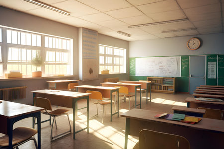 Interior of a school classroom. 3d rendering toned imageの素材