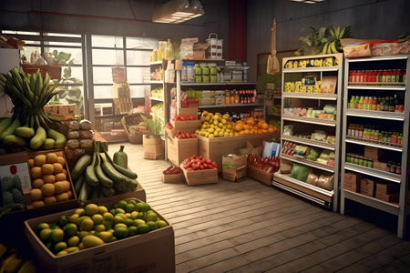 Fruits and vegetables in the supermarket. Grocery store interior.の素材