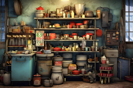 Old kitchen utensils in an abandoned house, 3d renderの素材