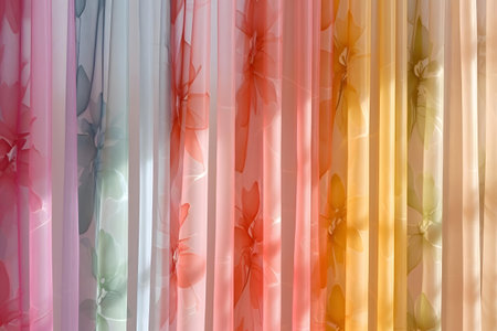 Curtain with pink and yellow flowers. Abstract background for design.の素材
