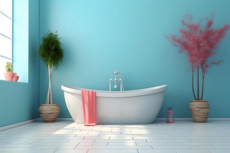 Bathroom interior with bathtub and flower in pot - renderingの素材