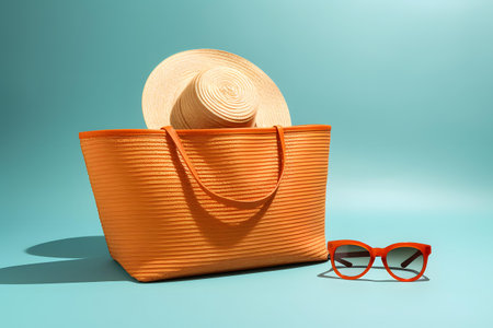 Straw hat, sunglasses and orange bag on blue background. 3d illustrationの素材