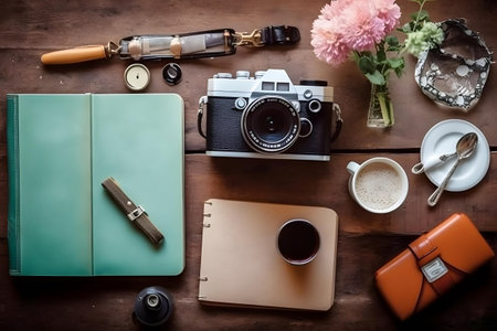 Flat lay of vintage camera, notebook and cup of coffee on wooden tableの素材