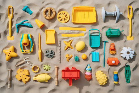 Children's toys on the sand. Top view. Flat lay.の素材
