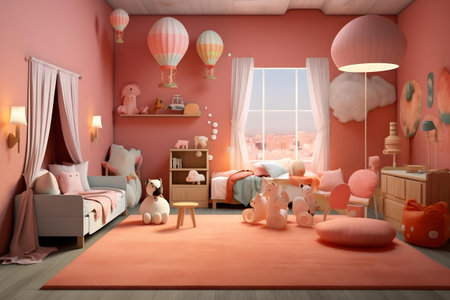 3D rendering of a child's room in pink with a beautiful interiorの素材