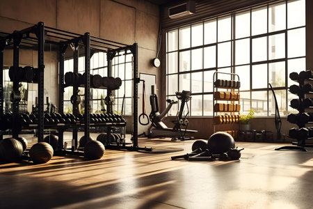 Interior of a modern gym with sport equipment. 3d renderingの素材