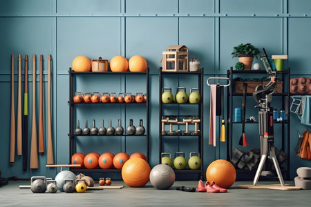 Interior of fitness room with equipment. 3d rendering toned imageの素材